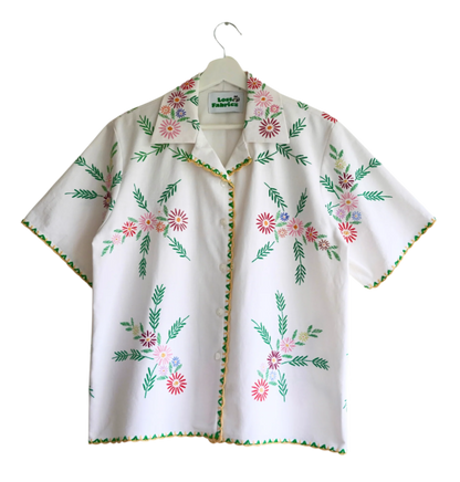 Handmade Cuban collar shirt with a relaxed fit, crafted from vintage tablecloths featuring unique, intricate patterns.