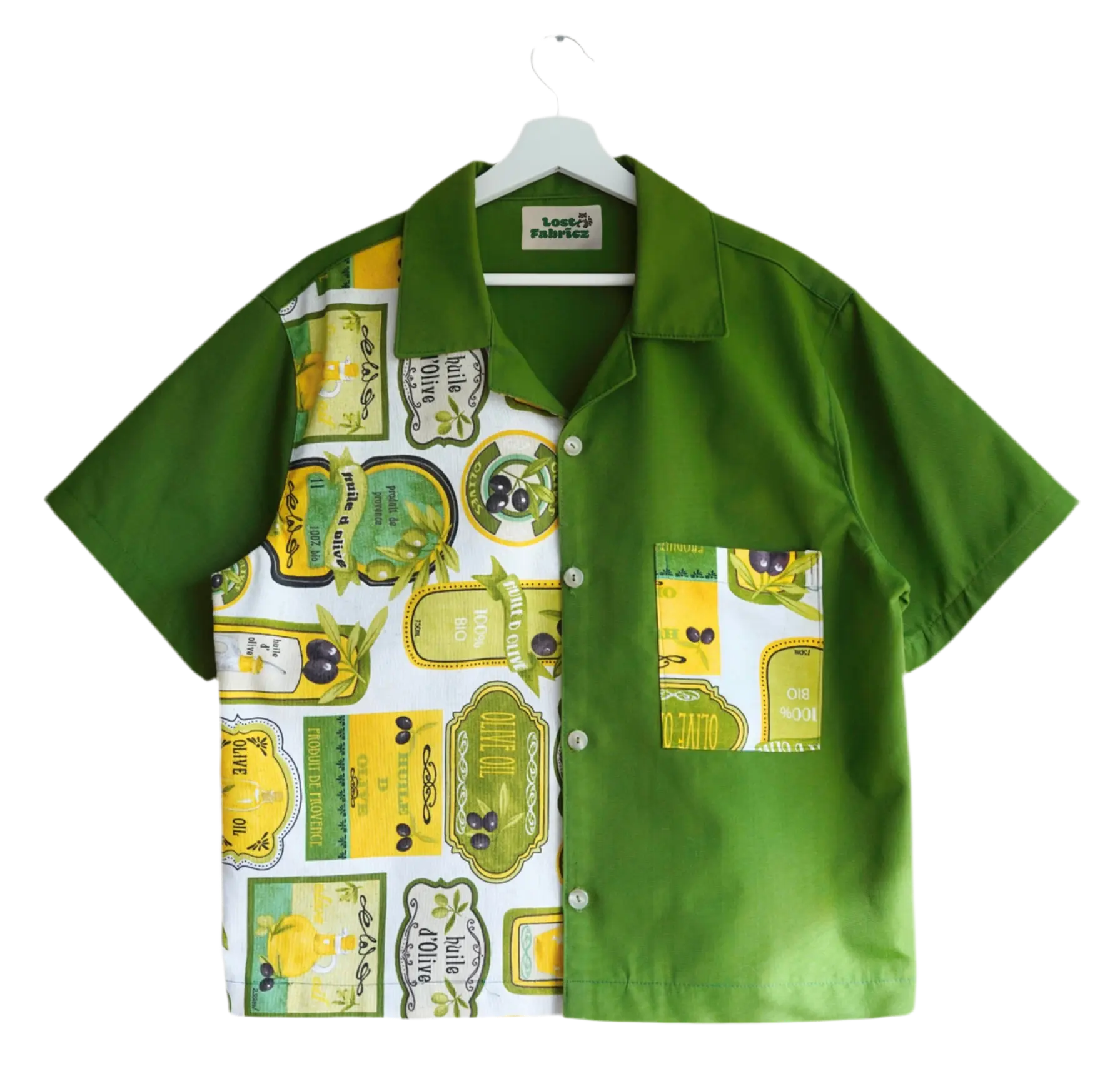 Handmade shirt button up, olive print from a sustainable fashion brand. Made from recycled materials.