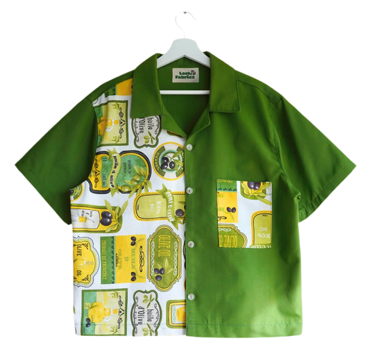 Handmade shirt button up, olive print from a sustainable fashion brand. Made from recycled materials.